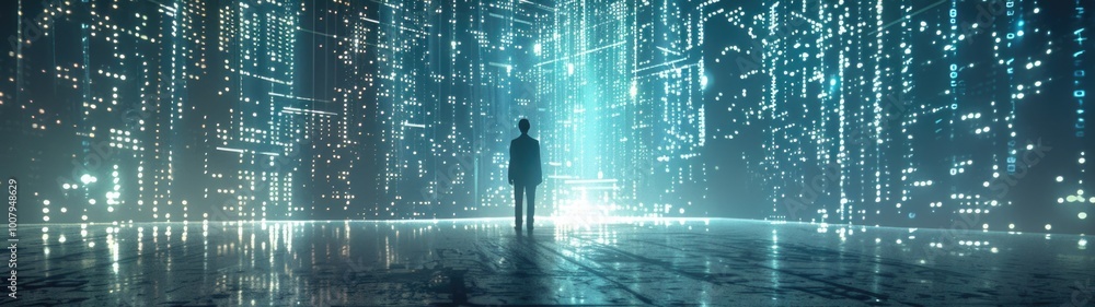 Man standing before digital rain