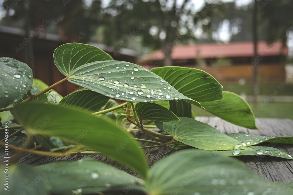 Green leaves with water droplets on a blurred background Green leaves with water droplets on a blurred background