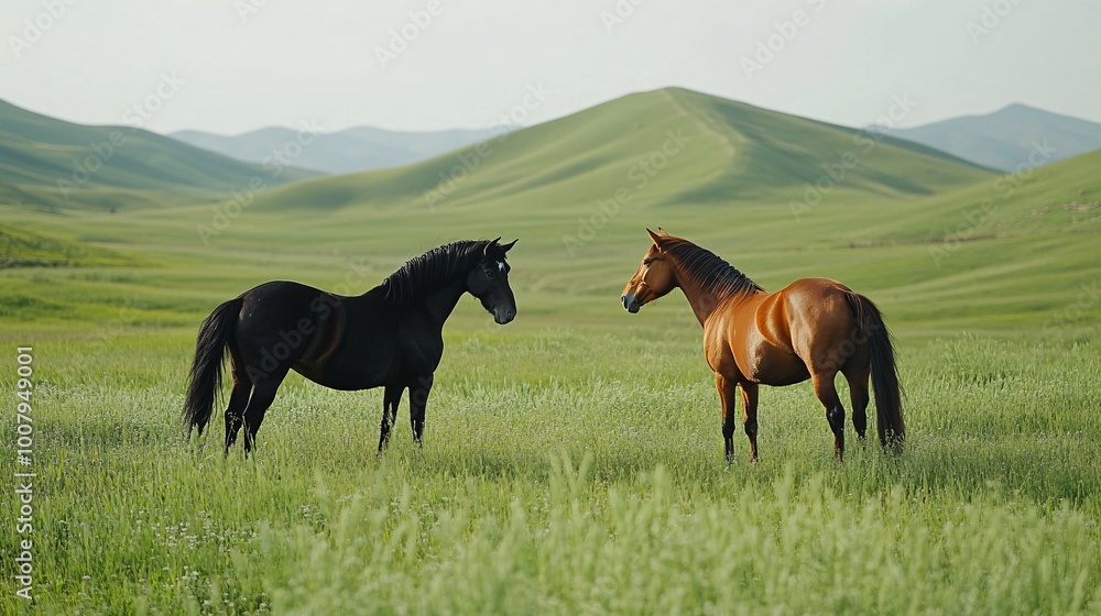 Two horses standing in a grassy field with hills in the background Two horses standing in a grassy field with hills in the background