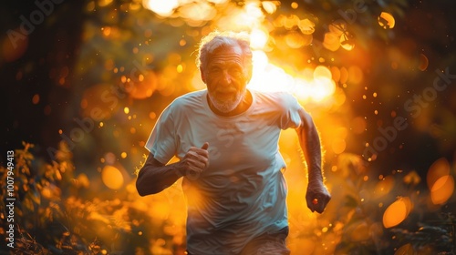 Senior Man Running Outdoors at Sunset with Glowing Warm Sunlight in Background