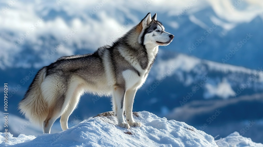 Fototapeta premium Majestic Wolf on Snowy Mountain Top