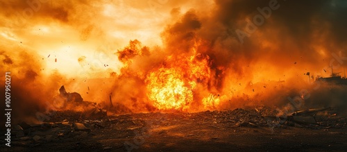 A fiery explosion with smoke and debris in the foreground.