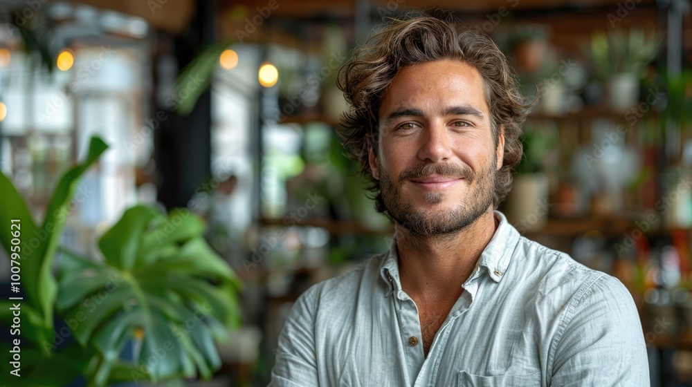 Confident Young Man in Casual Attire Smiling in Indoor PlantFilled Cafe Confident Young Man in Casual Attire Smiling in Indoor PlantFilled Cafe