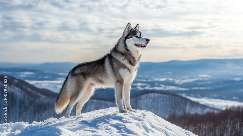 Fototapeta premium Majestic Husky Standing on Snowy Mountain View