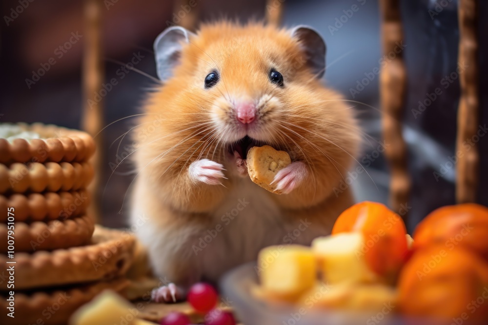 Cute Hamster Enjoying Sweet Delicacies Surrounded by Colorful Fruits and Desserts Cute Hamster Enjoying Sweet Delicacies Surrounded by Colorful Fruits and Desserts