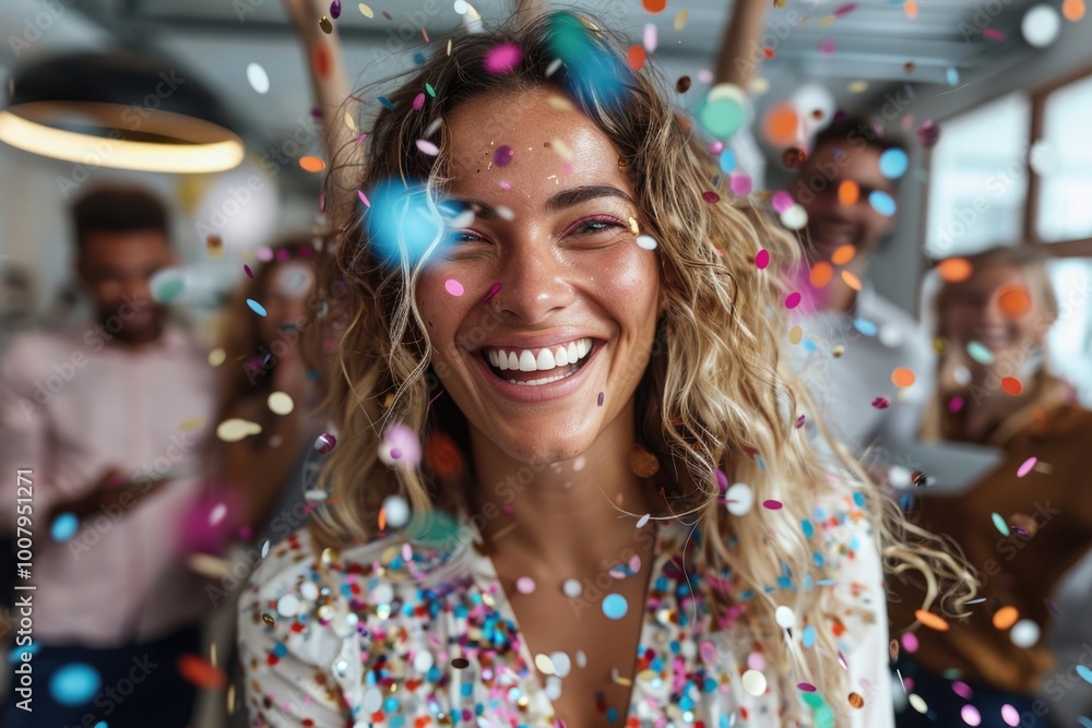 Woman smiling with friends during confetti celebration Woman smiling with friends during confetti celebration