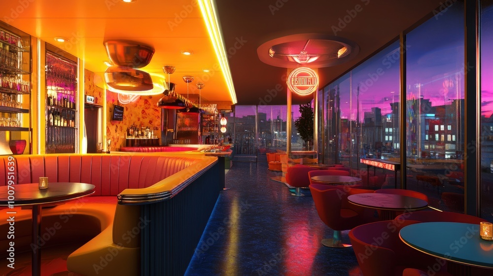 Vibrant Rooftop Lounge with Scenic City View