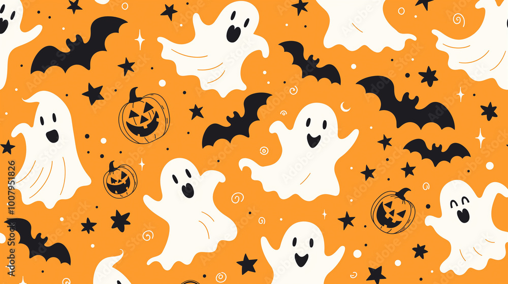 Obraz premium Halloween-themed seamless pattern with ghosts, bats, and pumpkins on an orange background