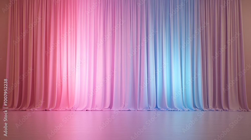A vibrant backdrop featuring draped curtains illuminated in pink and blue, ideal for events and performances.
