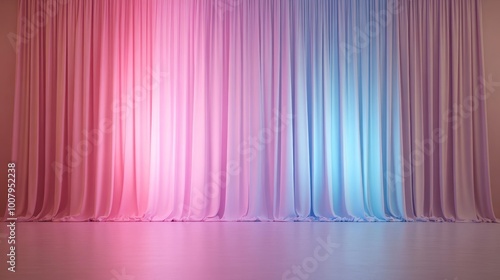Obraz na płótnie A vibrant backdrop featuring draped curtains illuminated in pink and blue, ideal for events and performances. w salonie