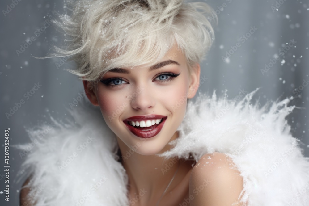 Woman with white hair smiling in snowy setting Woman with white hair smiling in snowy setting