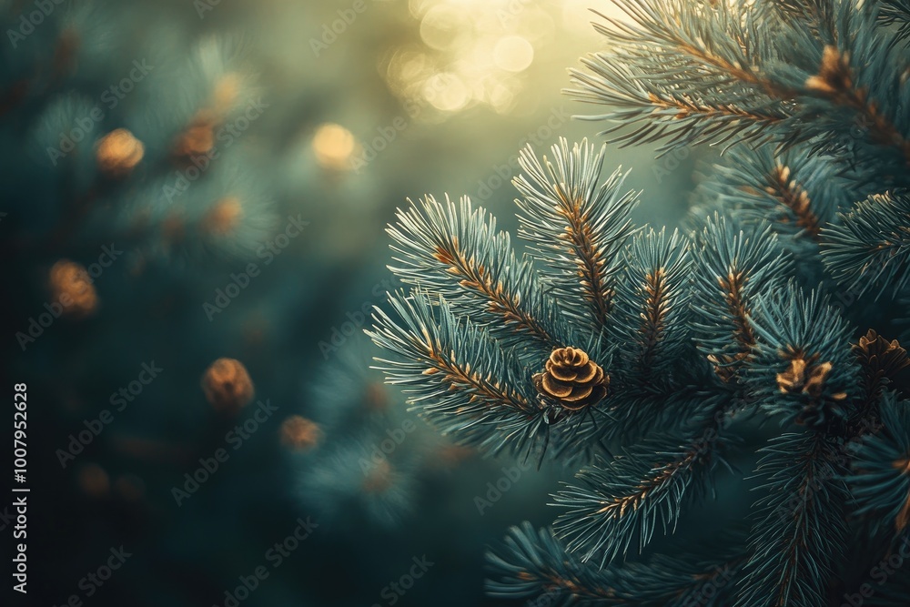 Close up of a Pine Branch with a Cone in Focus Close up of a Pine Branch with a Cone in Focus