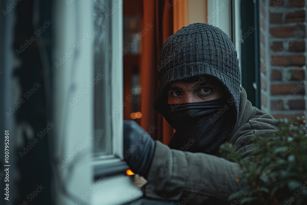 Hooded figure looking out window in city Hooded figure looking out window in city
