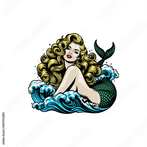 wave ocean mermaid sirene goddess hand-drawing vector	
