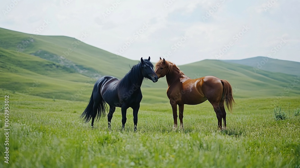 Two Horses Standing in a Field with Rolling Hills Two Horses Standing in a Field with Rolling Hills