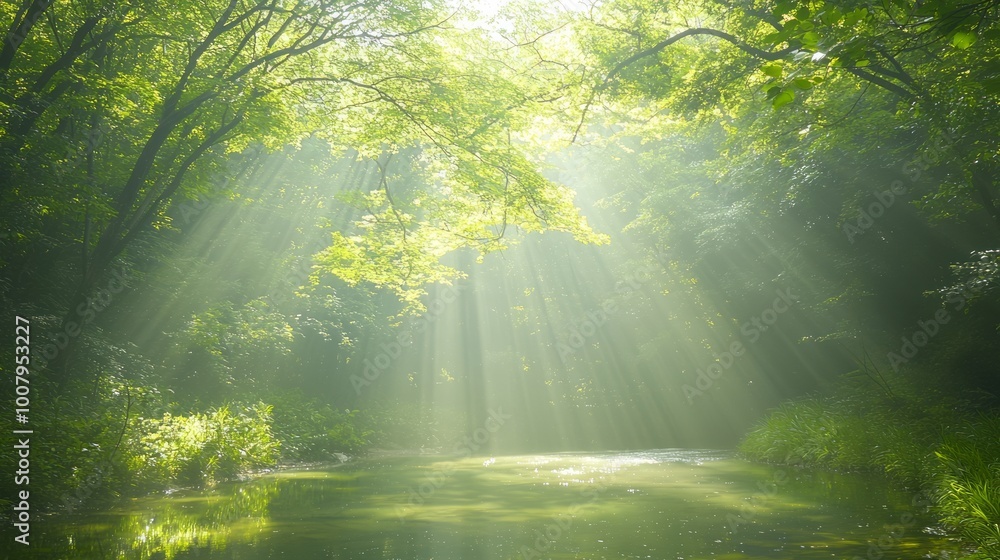 Fototapeta premium Serene River Flowing Through Enchanted Forest with Sunlight Filtering In