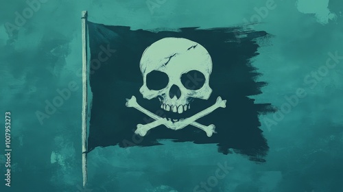 A weathered flag featuring a classic skull and crossbones design, symbolizing piracy and danger, set against a teal background.