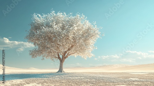 A surreal tree of hope growing in the dry, arid desert, its branches glowing with life, set against a realistic background of sand and sky