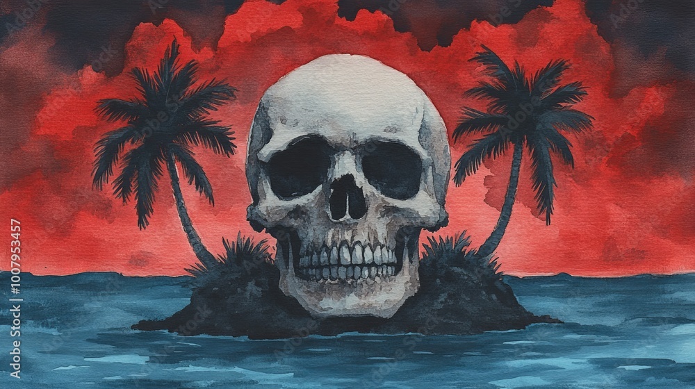 A dramatic illustration featuring a skull on an island, surrounded by palm trees and a vivid red sky, evoking themes of death and mystery.