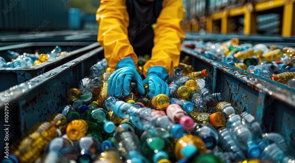 Plastic bottle recycling facility worker Plastic bottle recycling facility worker