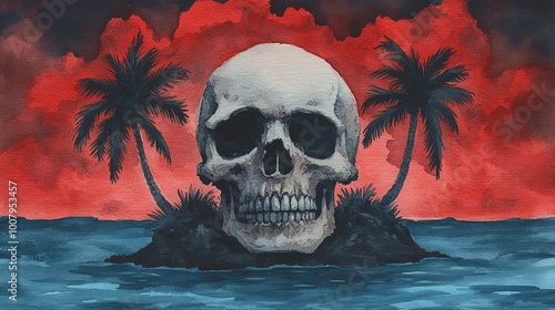 A dramatic illustration featuring a skull on an island, surrounded by palm trees and a vivid red sky, evoking themes of death and mystery. photo