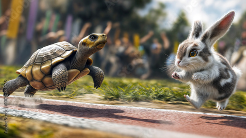 A tortoise is running towards a hare on a track, while a cheering crowd watches in the background photo