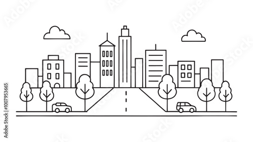  Main street road continuous line art flat vector illustration on white background.