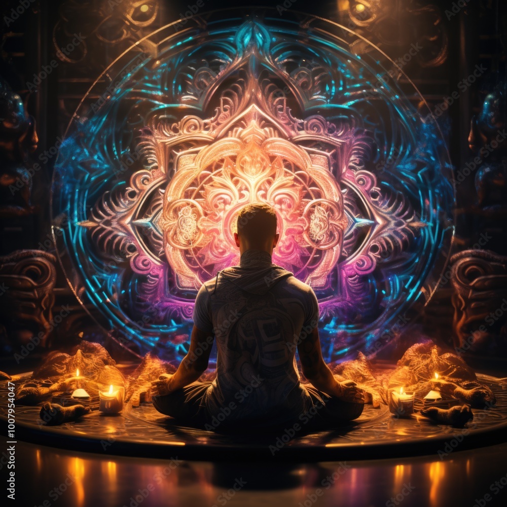 Woman meditating in front of a mandala Woman meditating in front of a mandala