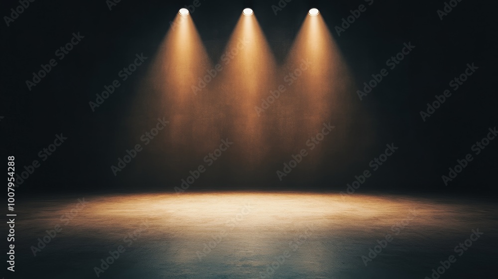 A dark stage illuminated by three spotlight beams, creating a dramatic atmosphere for performances.
