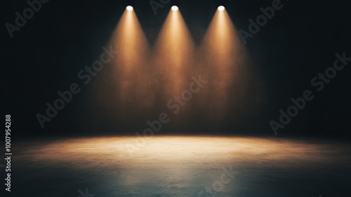 Obraz na płótnie A dark stage illuminated by three spotlight beams, creating a dramatic atmosphere for performances. w salonie