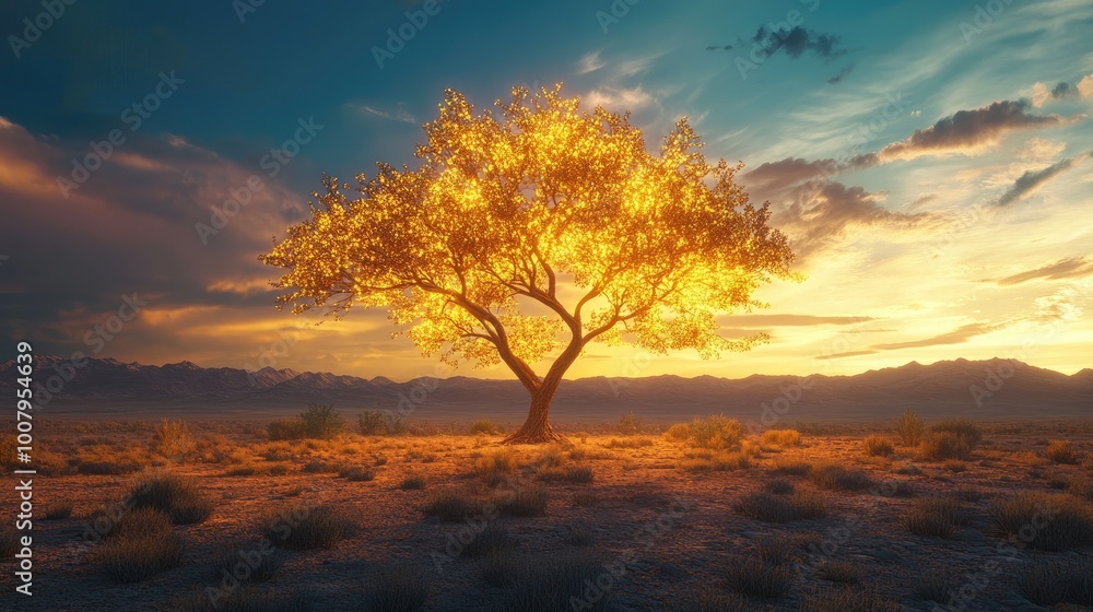 Fototapeta premium A vibrant tree of hope in a dry, lifeless desert, with glowing leaves and branches standing out against the stark, realistic desert backdrop