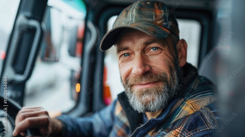 Truck driver smiling in cab Truck driver smiling in cab
