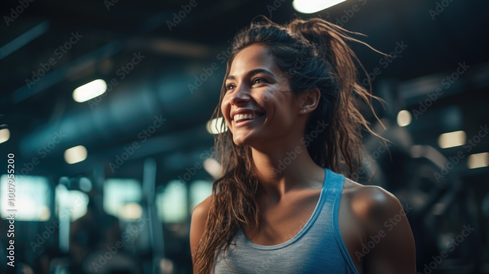 Woman looking upwards in gym Woman looking upwards in gym