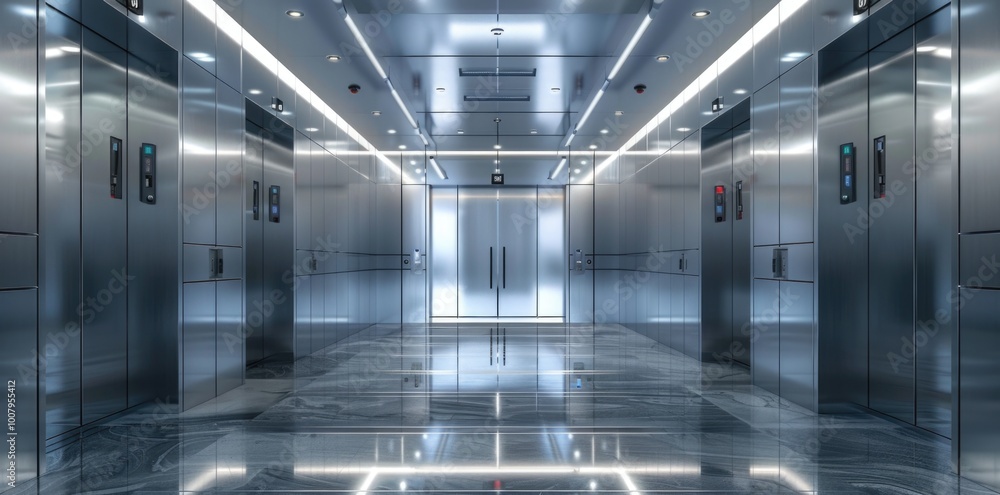 Modern office building elevator hallway Modern office building elevator hallway