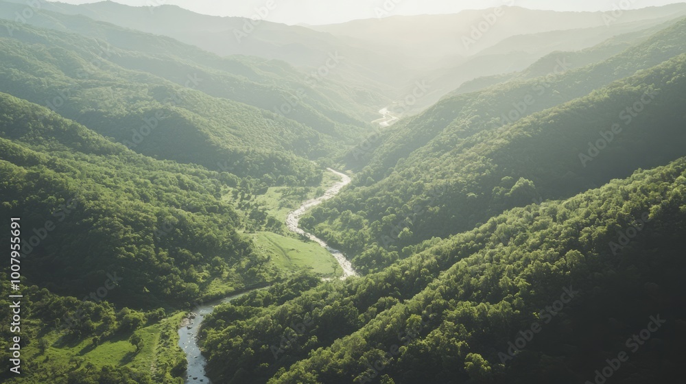 Fototapeta premium Majestic Mountainous Landscape with Serene River, Dense Forests, and Wildlife Haven