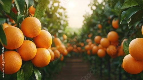 A vibrant orange grove filled with ripe oranges hanging from lush green trees under a warm, golden light.