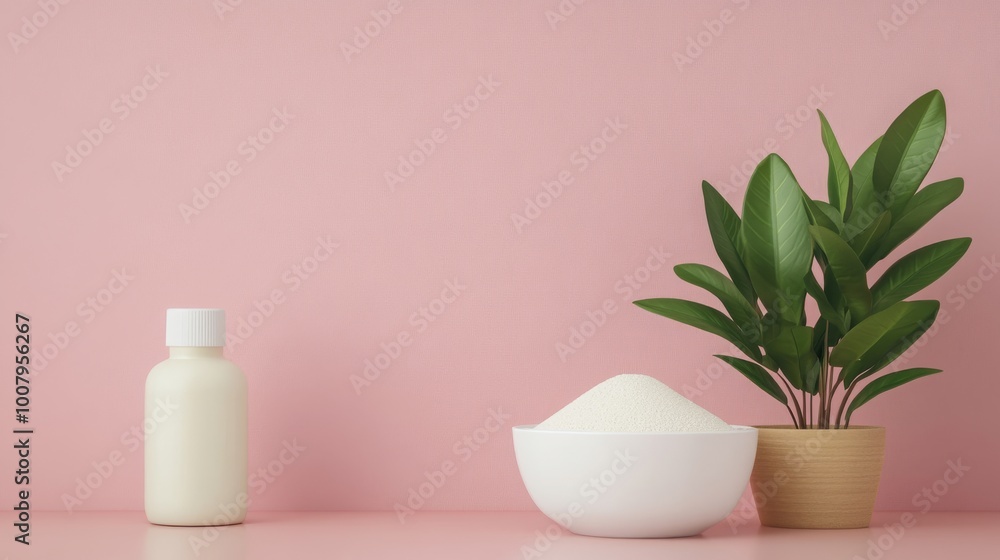 A minimalist setup featuring a white lotion bottle, a bowl with powder, and a potted green plant against a soft pink background. A minimalist setup featuring a white lotion bottle, a bowl with powder, and a potted green plant against a soft pink background.