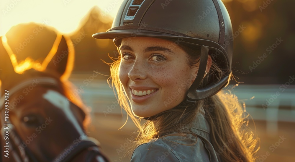 Woman smiling with horse at sunset Woman smiling with horse at sunset
