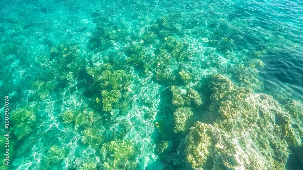 Aerial View of a Lively Coral Reef Ecosystem in Turquoise Waters Aerial View of a Lively Coral Reef Ecosystem in Turquoise Waters