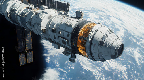 Fototapeta Naklejka Na Ścianę i Meble -  Detailed shot of a space station circling earth, showing close-up textures and materials against the vast backdrop of space. Galactic Outpost. Illustration