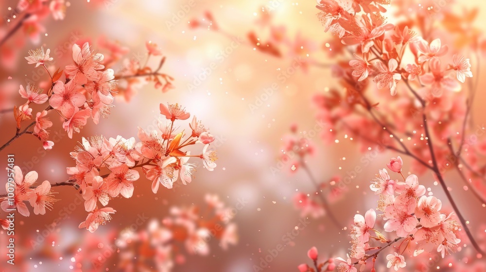 Pink cherry blossom branch against peach background