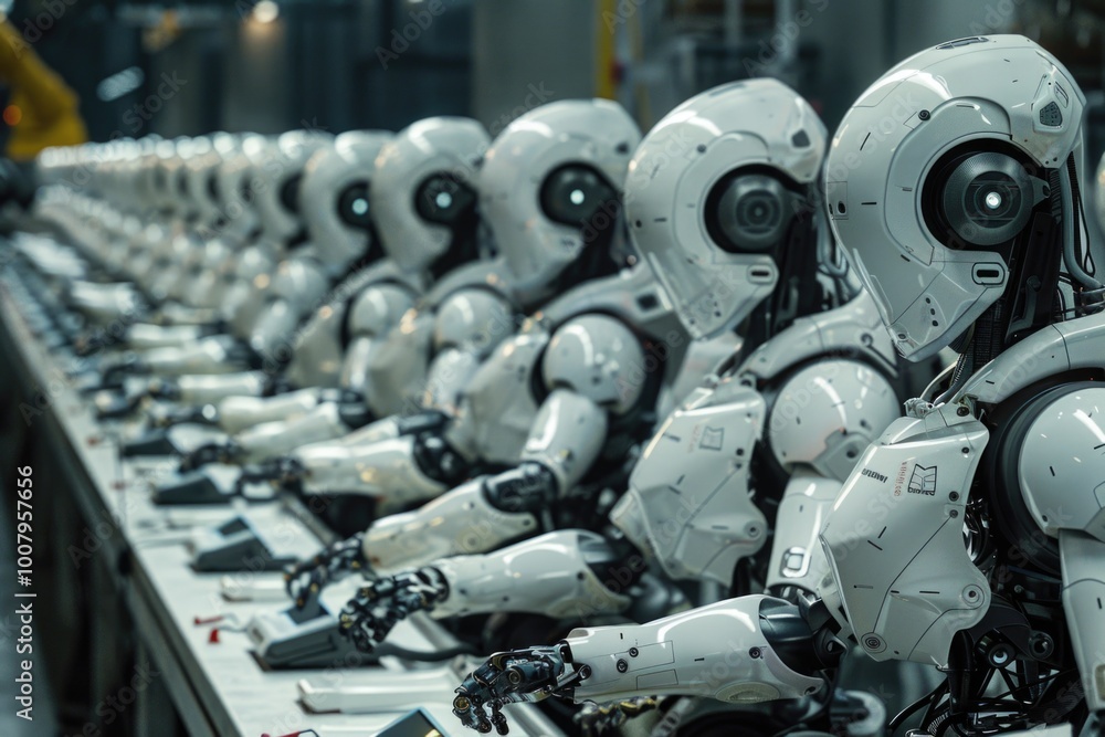 White robot using laptop in factory setting White robot using laptop in factory setting