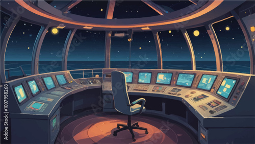 Whimsical Cartoon-Style Ship Control Room at Midnight with Starry Ocean View