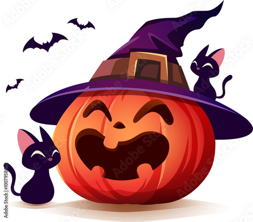 Halloween pumpkin. Black Cat and Jack O Lantern Pumpkin with witch hat.