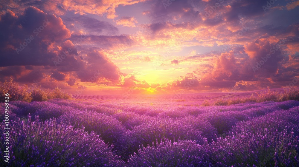 Serene Lavender Field at Sunset with Colorful Sky Serene Lavender Field at Sunset with Colorful Sky