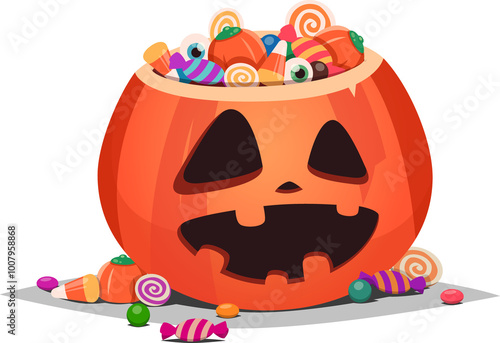 Trick or Treat. Halloween pumpkin bucket with candy.