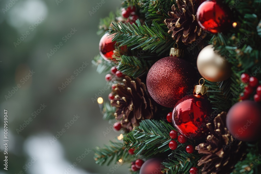 Fototapeta premium Close-up of a Christmas Tree with Red and Gold Ornaments and Pine Cones