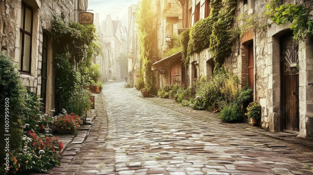 Obraz premium Serene Cobblestone Street in Quaint Historic Village