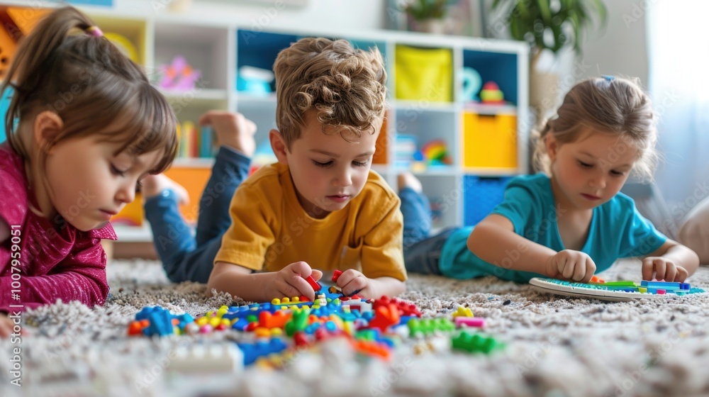 Children playing with colorful building blocks in a playroom Children playing with colorful building blocks in a playroom