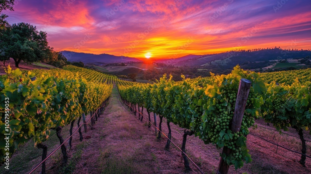 Fototapeta premium Vibrant Sunset Over Lush Vineyard Rows